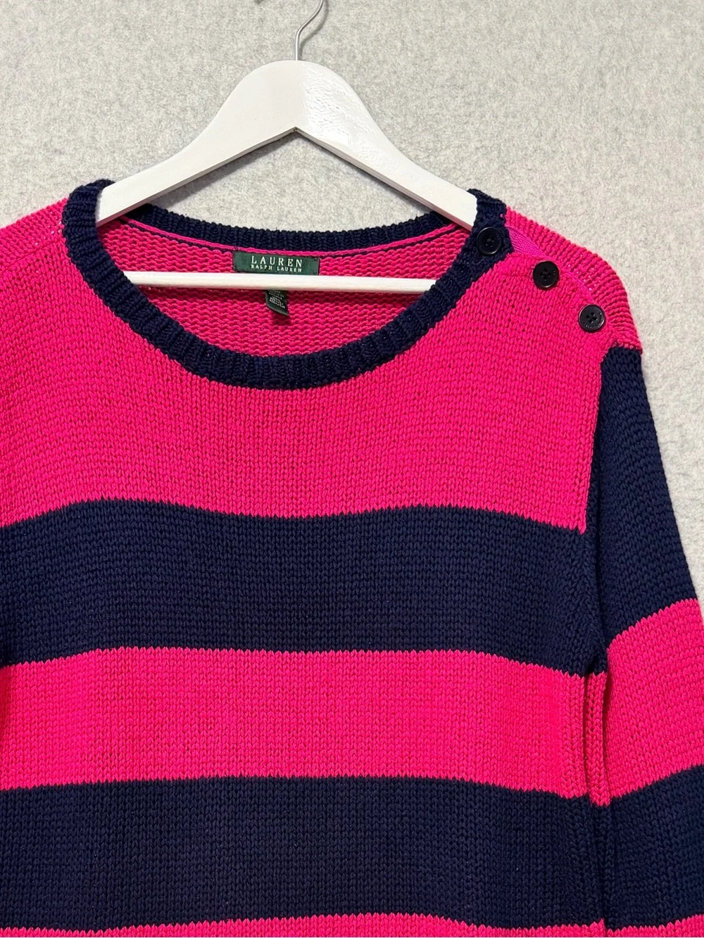 Lauren Ralph Lauren Bold Stripe Sweater Size XL Pink Navy Button Shoulder Preppy